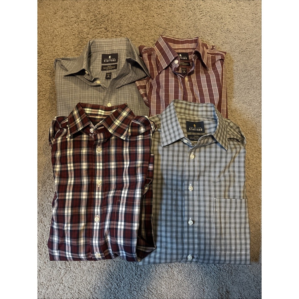 Stafford Travel Button Up Shirt Mens 15 34/35 Long Sleeve Mixed Plaid Lot Of 4